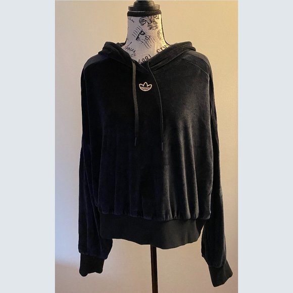 Adidas Cropped Black Velour Batwing Hoodie - Picture 1 of 5